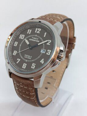 Timex Expedition Men's 40mm Silver S/Steel Brown Dial Indiglo Leather Band Watch